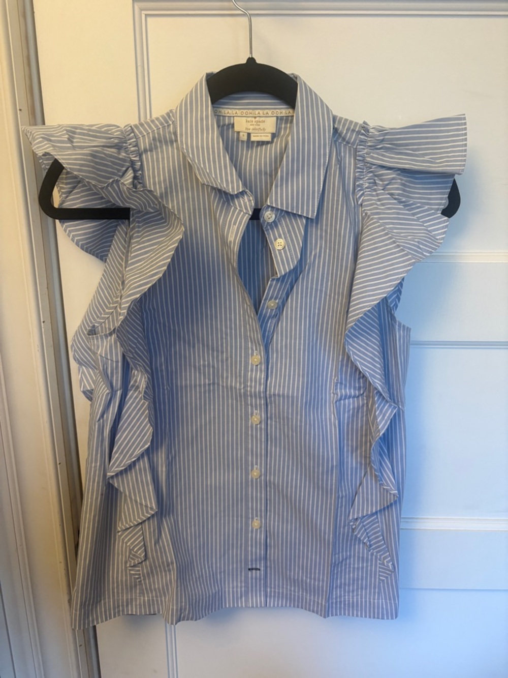 Kate Spade Poplin Striped Ruffle Sleeve Button-Down Top - Light Blue & White